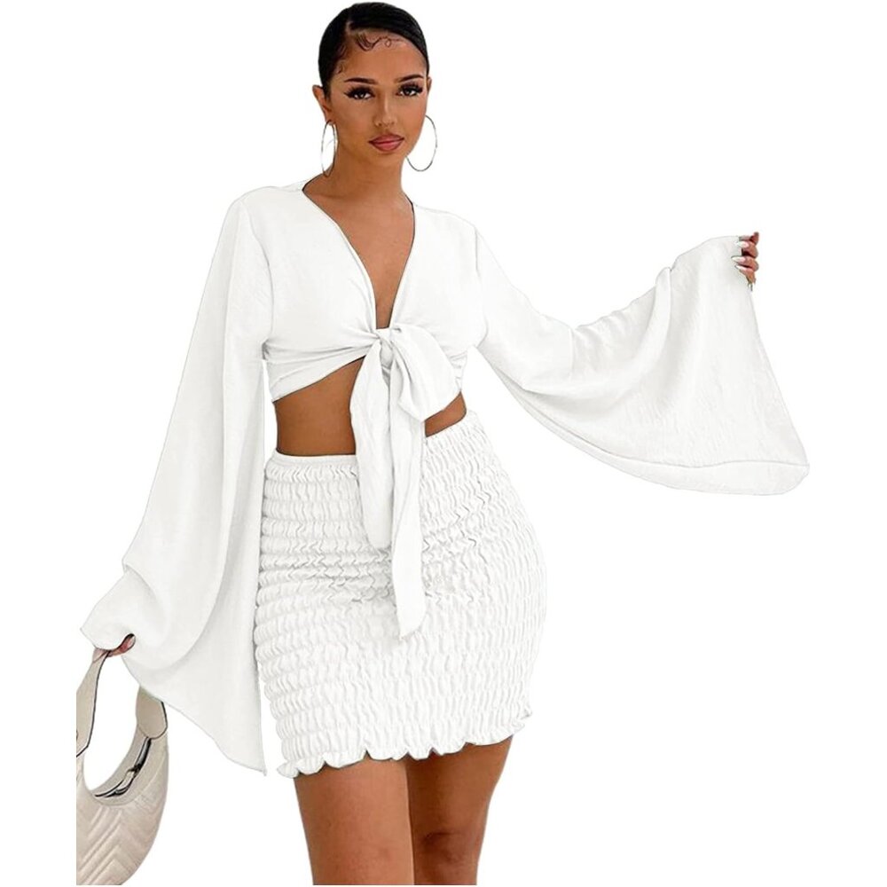 Women's 2 Piece Outfits Tie Knot Front Bell Long Sleeve Crop Top and Mini Skirt